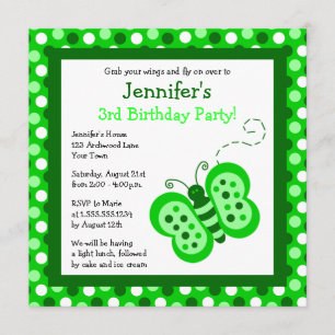 Cute Grönt Butterfly w/ Polka dots Birthday Inbjud Inbjudningar