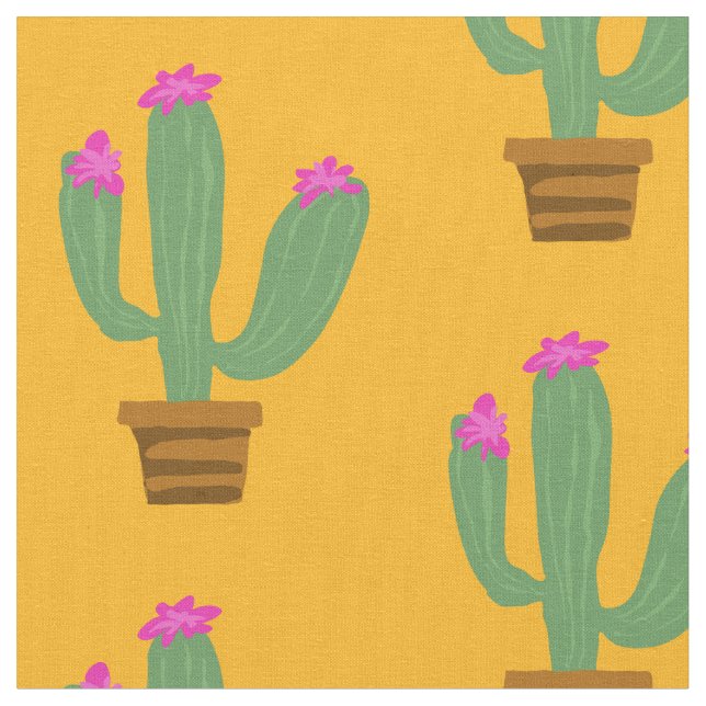 Cute grönt cactus växt med blomma i potten mönster tyg (Närbild)