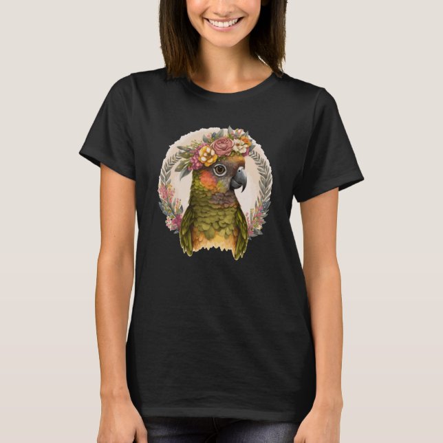 Cute Grönt Cheek Conure Parrot Bird Flower Krona P T Shirt (Framsida)
