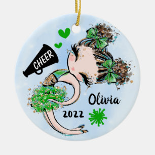 Cute Grönt CheerLeader Girl Ornament Brown Hair