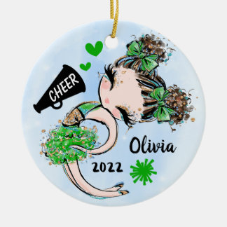 Cute Grönt CheerLeader Girl Ornament Brown Hair