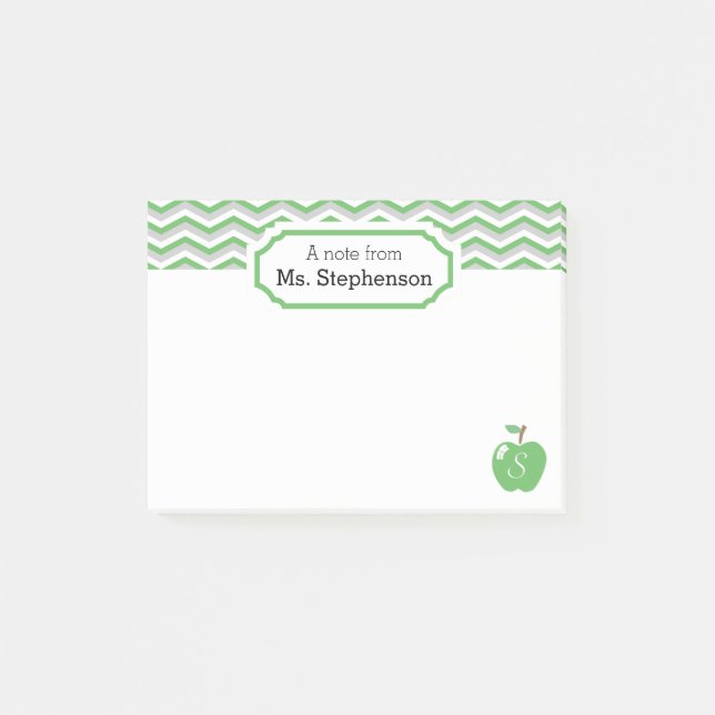 Cute Grönt Chevron Apple Monogrammed Teacher Note Post-it Block (Framsida)