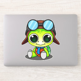 Cute Grönt Chibi Tecknad Turtle i Aviator Hat Klistermärken