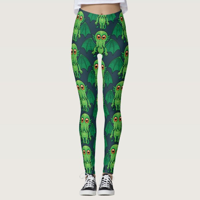 Cute Grönt Cthulhu Monster Leggings (Framsida)