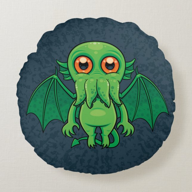 Cute Grönt Cthulhu Monster Rund Kudde (Framsidan)