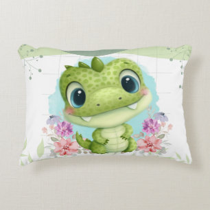 Cute Grönt Dinosaur-Blommigt Personlig Prydnadskudde