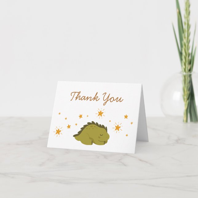 Cute Grönt Dinosaur med Stars Baby Shower Tack Kort (Framsida)