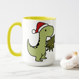 Cute grönt Dinosaur som håller Julgran Mugg