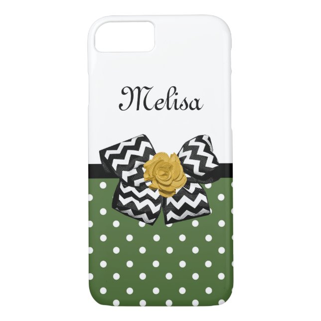 Cute Grönt Dots Gul ros Chevron Bow and Namn Case-Mate iPhone Skal (Baksida)