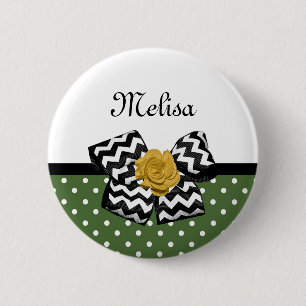 Cute Grönt Dots Gul ros Chevron Bow and Namn Knapp
