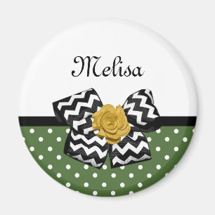 Cute Grönt Dots Gul ros Chevron Bow and Namn Magnet