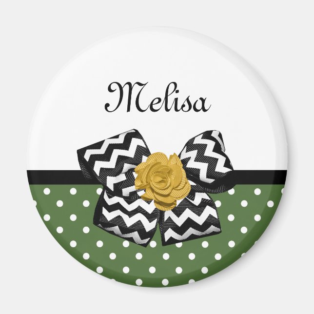 Cute Grönt Dots Gul ros Chevron Bow and Namn Magnet (Framsidan)