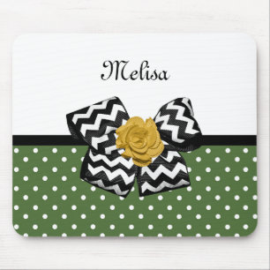 Cute Grönt Dots Gul ros Chevron Bow and Namn Musmatta