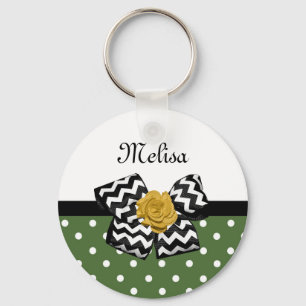 Cute Grönt Dots Gul ros Chevron Bow and Namn Nyckelring