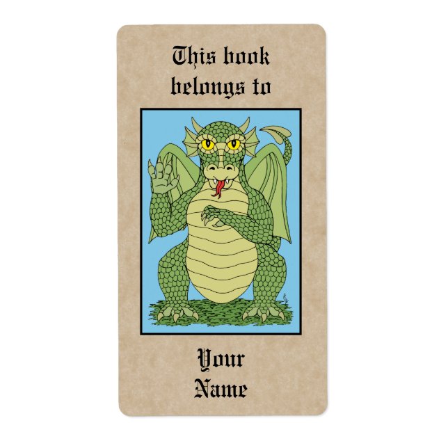Cute Grönt Dragon Bookplate Fraktsedel (Framsidan)