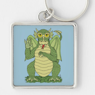 Cute Grönt Dragon Fyrkantig Silverfärgad Nyckelring