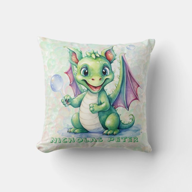 Cute Grönt Dragon med Bubbles Boy Anpassningsbar G Kudde (Framsida)