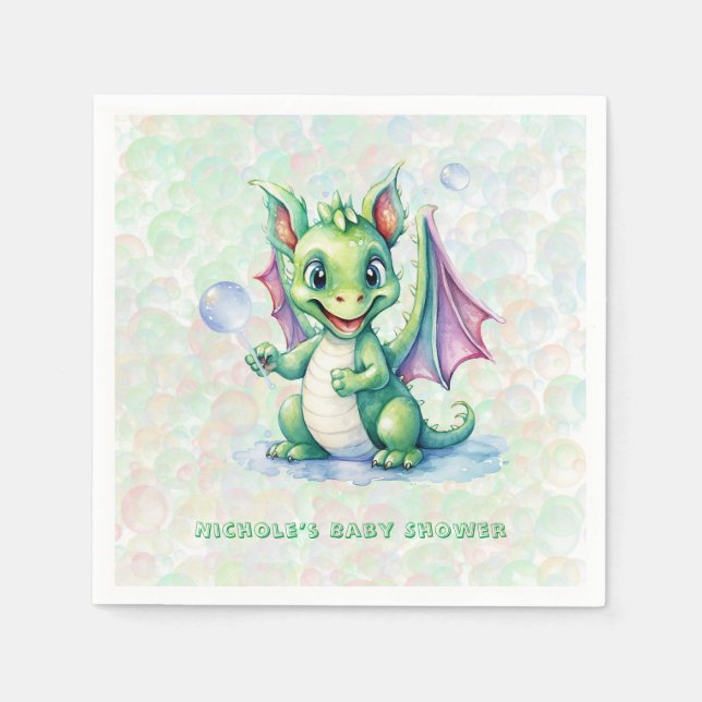 Cute Grönt Dragon med Bubbles Boy Shower Pappersservett (Framsidan)