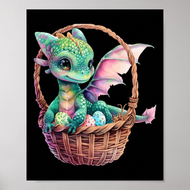 Cute Grönt Dragon Påskägg Hunt Eggs Basket Kärlek Poster (Framsidan)