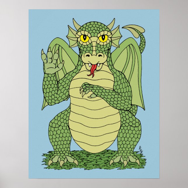 Cute Grönt Dragon Poster (Framsidan)