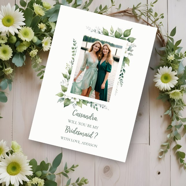 Cute Grönt Foliage Ram Bridesmaid Photo Frieri (Cherish Cute Green Foliage Frame Bridesmaid Photo Proposal Card.)