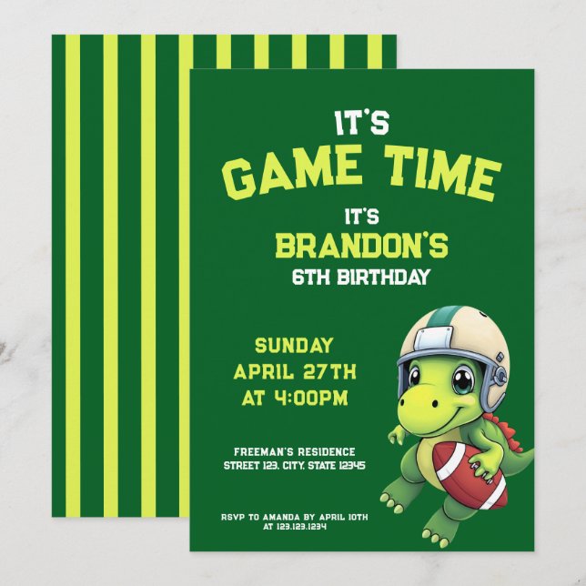 Cute Grönt Football Dinosaur Barns födelsedag Inbjudningar (Fram/baksida)