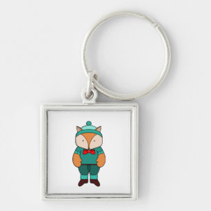 Cute grönt fox fyrkantig silverfärgad nyckelring