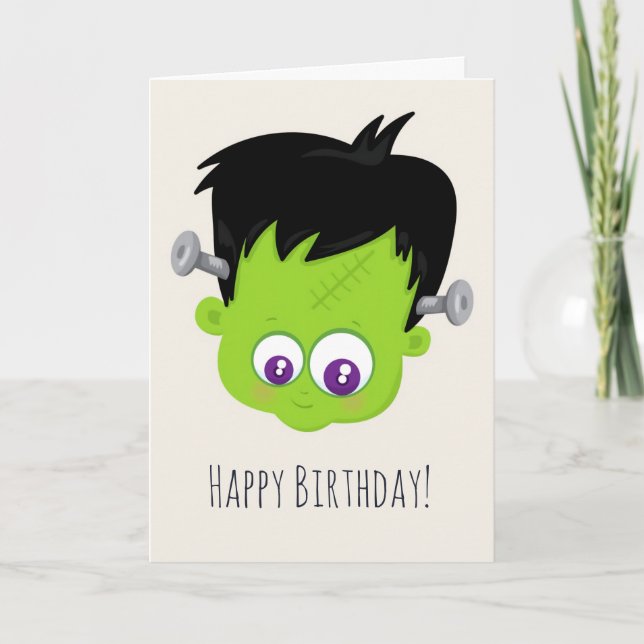 Cute Grönt Frankenstein Monster Ansikte Birthday Kort (Framsida)