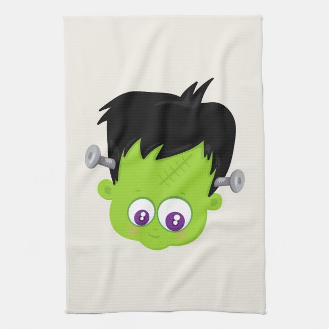 Cute Grönt Frankenstein Monster ansikte Halloween Kökshandduk (Vertikal)