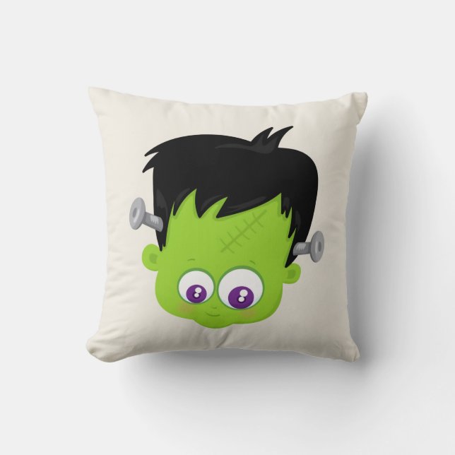 Cute Grönt Frankenstein Monster ansikte Halloween Kudde (Framsida)