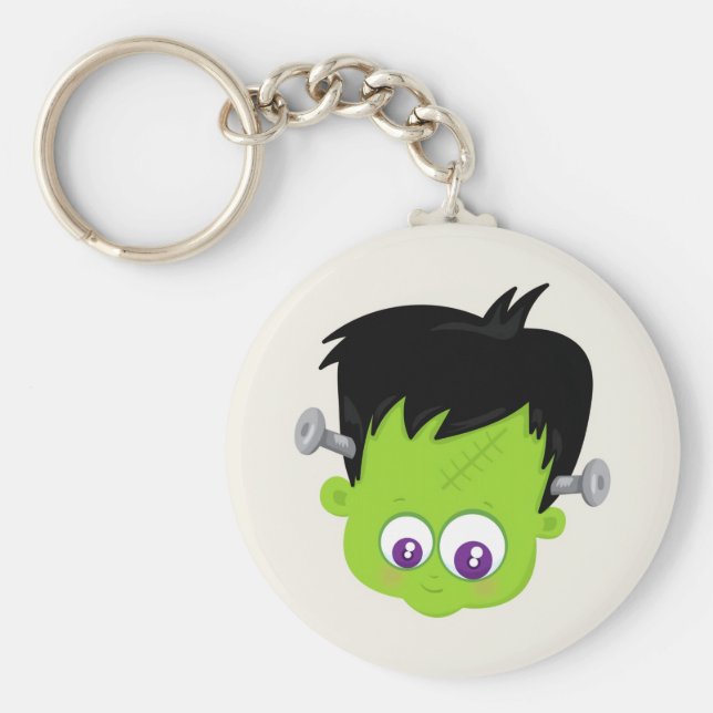 Cute Grönt Frankenstein Monster ansikte Halloween Nyckelring (Framsidan)