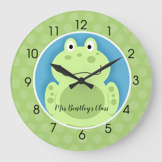 Cute Grönt Frog Clock Lägg till Namn Stor Klocka (Framsida)