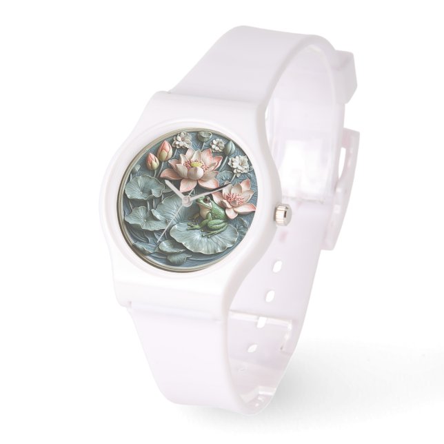 Cute Grönt Frog Lily Dynor Rosa Vatten Lilies Armbandsur (Vinkel)