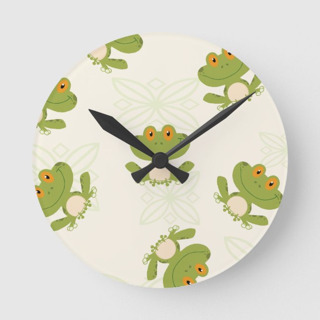 Cute Grönt Frog Mönster Rund Klocka (Framsida)