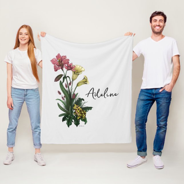 Cute Grönt Frog och Lily Botanical Blommigt Art Fleecefilt (På plats)