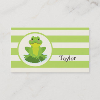Cute Grönt Frog på Stripe Mönster Visitkort