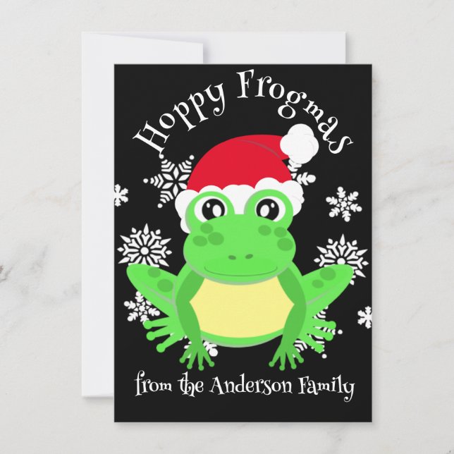 Cute Grönt Frog Santa Hat Tecknad Black Julkort (Framsida)