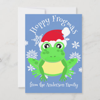 Cute Grönt Frog Santa Hat Tecknad Blue Julkort