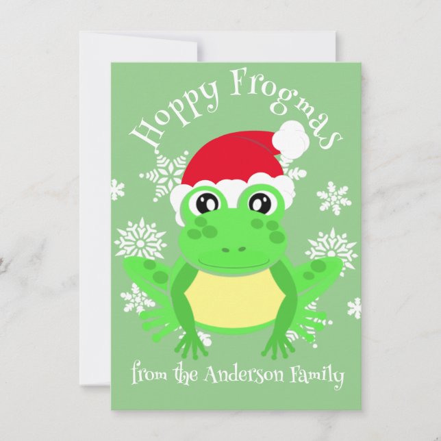 Cute Grönt Frog Santa Hat Tecknad Grönt Julkort (Framsida)