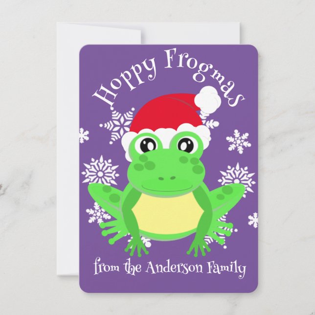 Cute Grönt Frog Santa Hat Tecknad Lila Julkort (Framsida)
