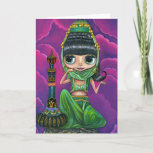 Cute Grönt Genie Girl Big Öga Doll Magic Flaska Kort