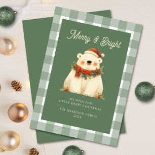 Cute Grönt Gingham Check Merry & Bright Julkort