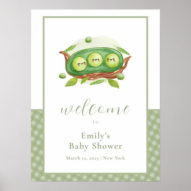 Cute Grönt Gingham Sweet Pea Baby Shower Välkommen Poster (Framsidan)
