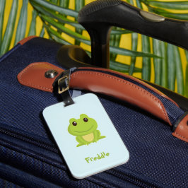 Cute grönt groda på blått bagagebricka