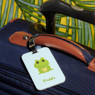 Cute grönt groda på blått bagagebricka