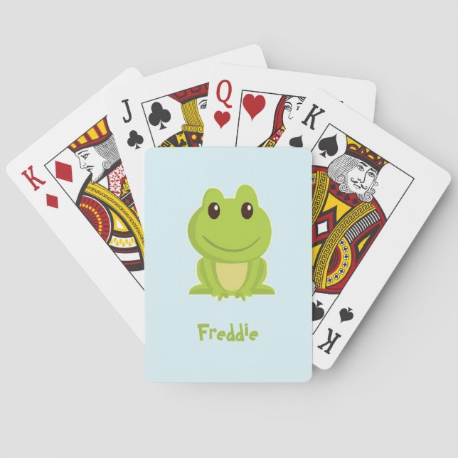 Cute grönt groda på blått casinokort (Baksidan)
