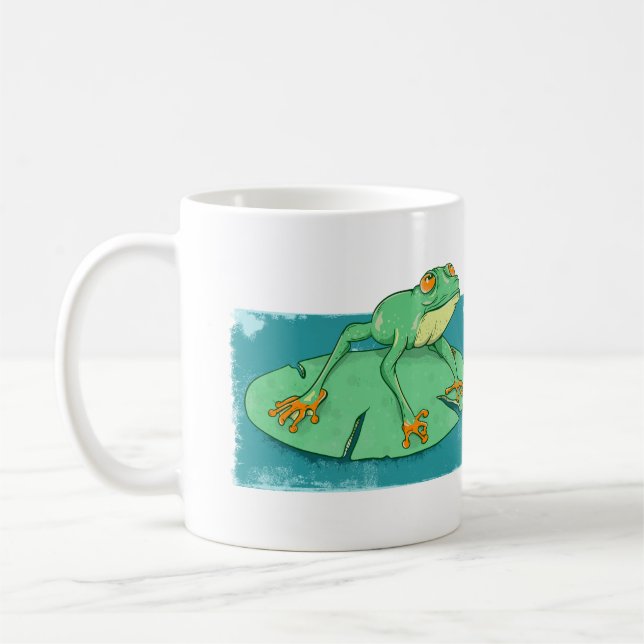 Cute grönt groda på en lilja kaffemugg (Vänster)