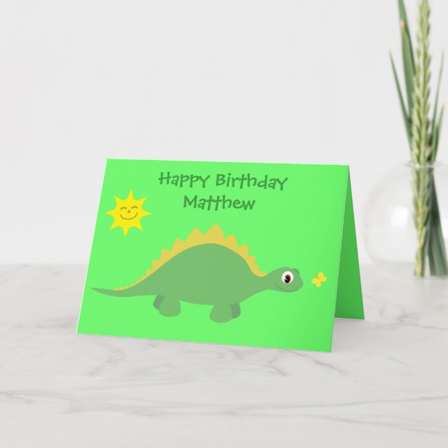 Cute Grönt & Gult Dinosaur Birthday Card Kort (Framsida)