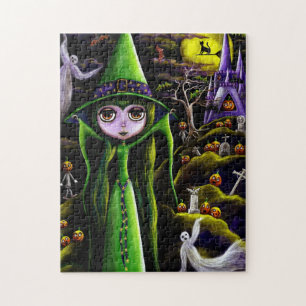 Cute Grönt Halloween Witch Spöken Pumpkins Castle Pussel