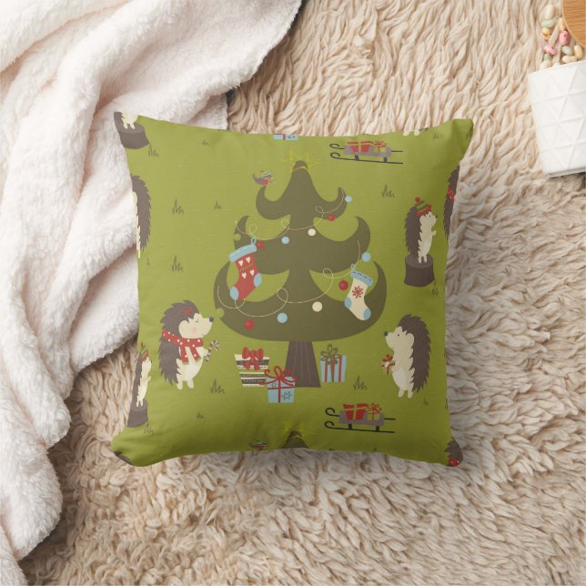 Cute Grönt Hedgehogs med Julgran Kudde (Filt)